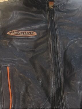 Men's Black Leather Bomber Jacket with Orange Trim